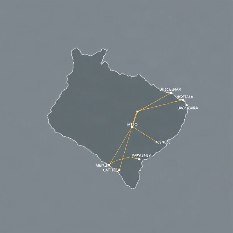 Mapa de Uruguay con rutas desde Melo hacia principales ciudades